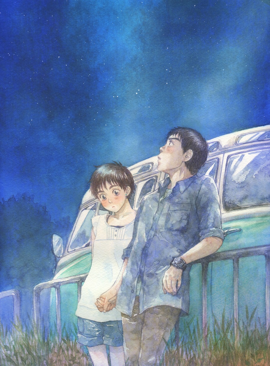 1boy 1girl black_hair blush brown_hair couple hetero highres holding_hands izumi_noa kidou_keisatsu_patlabor night night_sky shinohara_asuma short_hair sky traditional_media ususionorisio watercolor_(medium)