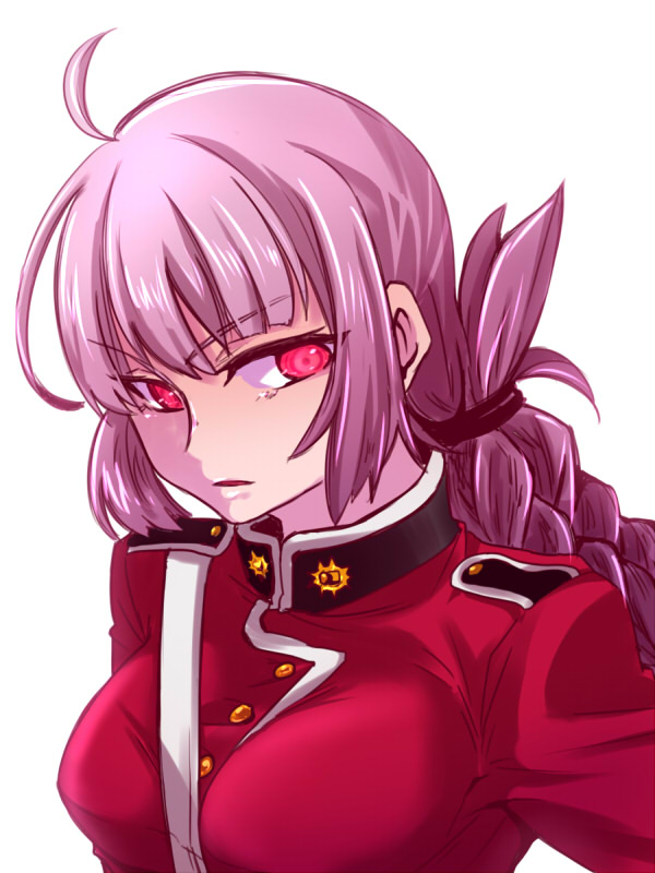 1girl braid breasts fate/grand_order fate_(series) florence_nightingale_(fate/grand_order) folded_ponytail long_hair mijinko_(83nabe) military military_uniform parted_lips pink_eyes pink_hair simple_background solo uniform white_background