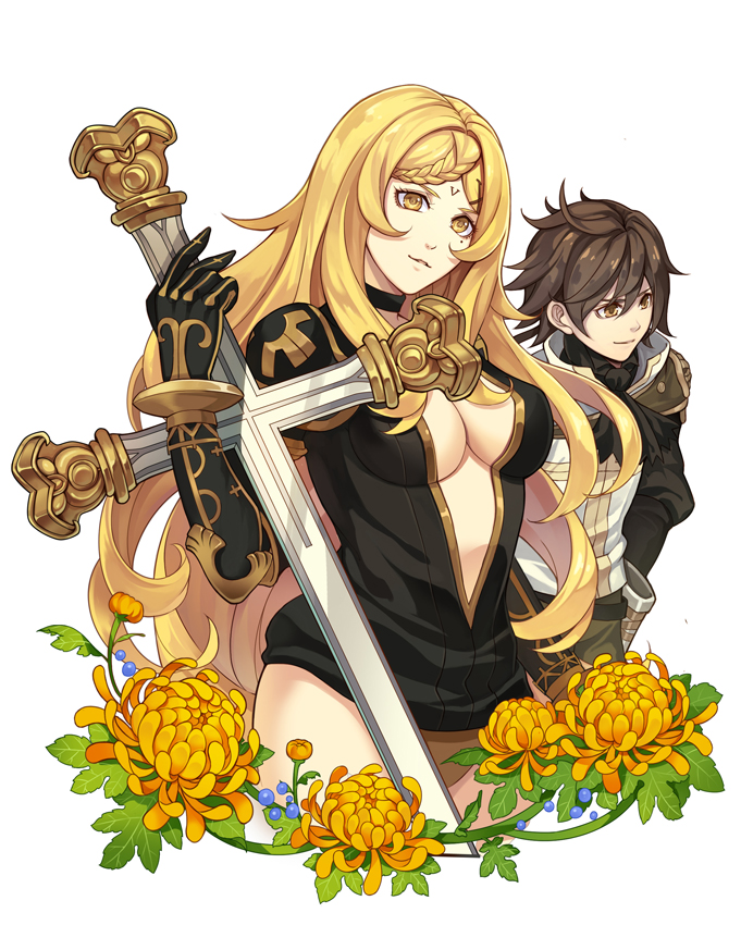 1boy 1girl bangs black_gloves blonde_hair braid breasts brown_eyes brown_hair choker chrysanthemum cleavage covered_nipples cowboy_shot cropped_legs cross dito_(drag-on_dragoon) drag-on_dragoon drag-on_dragoon_3 elbow_gloves facial_mark facial_tattoo five_(drag-on_dragoon) flower forehead_mark french_braid gloves hair_between_eyes holding kllsiren large_breasts light_smile long_hair looking_at_viewer mole mole_under_eye number parted_bangs parted_lips roman_numerals simple_background smile standing tattoo thighs turtleneck weapon white_background yellow_eyes yellow_flower