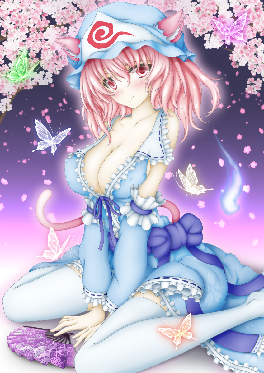 1girl animal_ears arm_warmers blush breasts butterfly cat_ears cat_tail cherry_blossoms cleavage commentary_request fan folding_fan hat highres hitodama large_breasts long_sleeves looking_at_viewer looking_to_the_side petals pink_eyes pink_hair saigyouji_yuyuko short_hair sitting smile solo sturm_(arowana_kingyo) tail thigh-highs touhou tree_branch triangular_headpiece v_arms wariza white_legwear