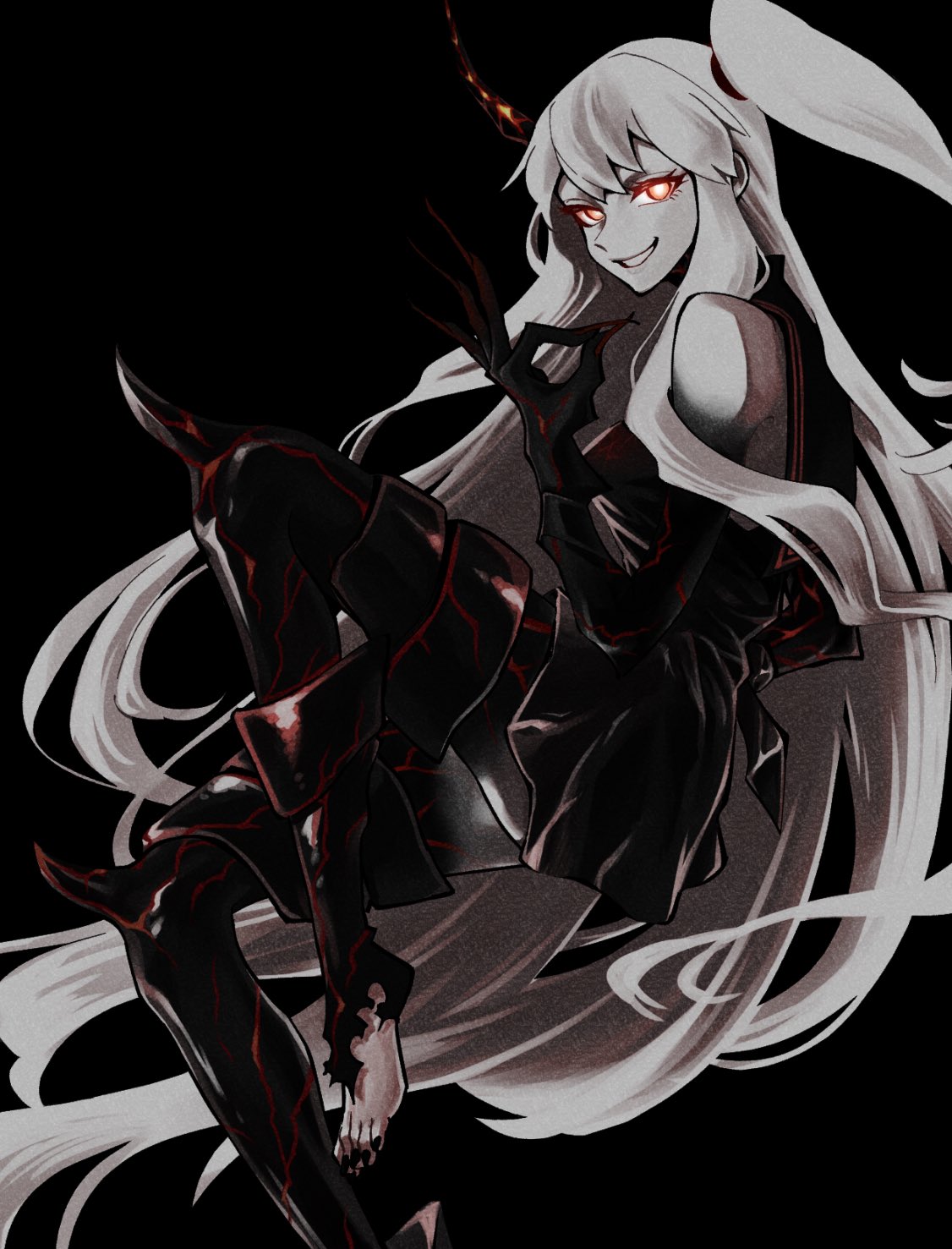 1girl abyssal_ship aircraft_carrier_princess armor bangs barefoot black_background black_dress black_sailor_collar breasts claws colored_skin dress grin highres horns kantai_collection long_hair ok_sign pale_skin red_eyes sailor_collar sailor_dress shide_kouri simple_background single_horn smile solo toenail_polish torn_clothes very_long_hair white_hair white_skin