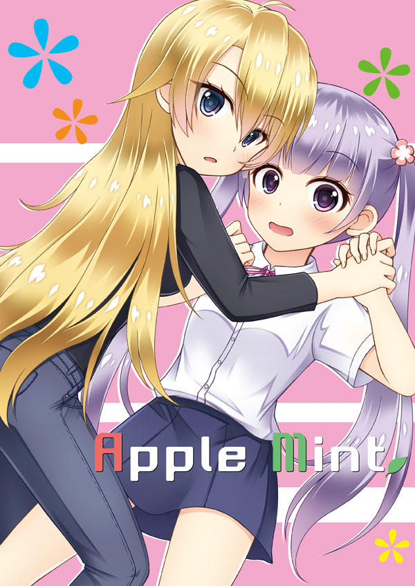 2girls blonde_hair blue_eyes blush cover cover_page doujin_cover formal holding_hands long_hair looking_at_viewer multiple_girls nashinoki_momora new_game! purple_hair simple_background skirt suit surprised suzukaze_aoba twintails very_long_hair violet_eyes yagami_kou yuri