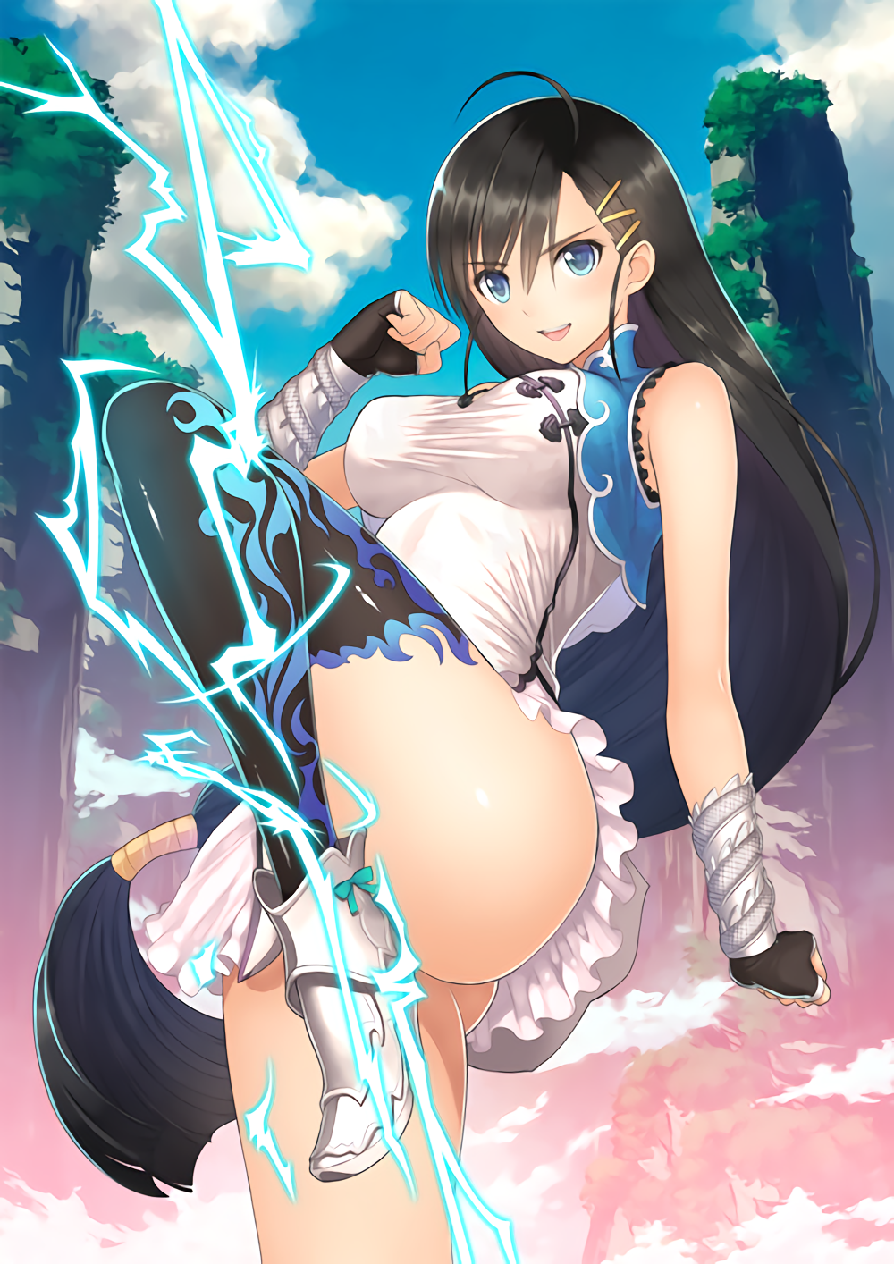 &gt;:) 1girl ahoge armor armored_boots ass asymmetrical_legwear bare_shoulders black_hair blade_arcus_from_shining blue_eyes blue_sky boots bow breasts chinese_clothes clenched_hands cliff clouds covered_navel dress electricity fighting_stance fingerless_gloves gloves hair_ornament hairclip high_heels highres large_breasts leg_up long_hair long_legs low-tied_long_hair microdress open_mouth outdoors pairon shining_(series) single_thighhigh sky smile solo standing_on_one_leg tanaka_takayuki taut_clothes thigh-highs very_long_hair