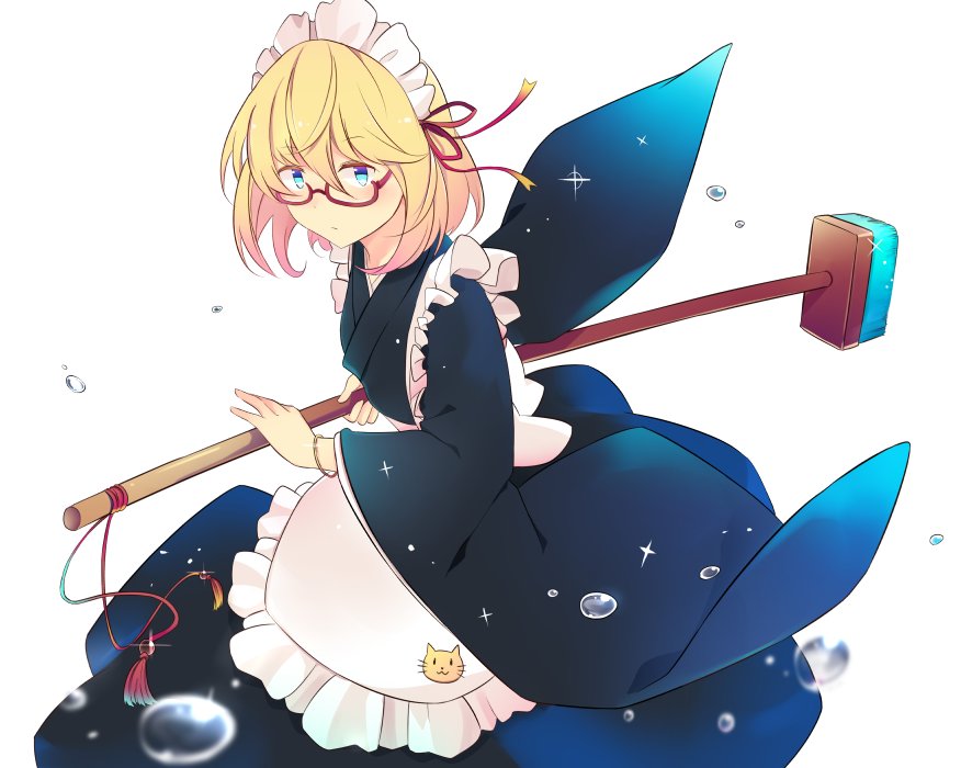 1girl apron battoujutsu_stance blonde_hair blue_eyes bracelet broom cat_print commentary_request fighting_stance glasses holding_broom ido_(teketeke) japanese_clothes jewelry kimono maid_apron maid_headdress original short_hair solo translation_request wa_maid wide_sleeves