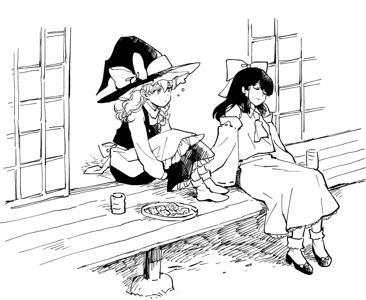 2girls apron architecture ascot bow detached_sleeves east_asian_architecture food greyscale hair_ribbon hair_tubes hakurei_reimu hands_under_legs hat hat_bow kirisame_marisa long_sleeves monochrome multiple_girls natsume_(menthol) plate porch ribbon shoes sitting sleepy socks touhou waist_apron wide_sleeves witch_hat yunomi