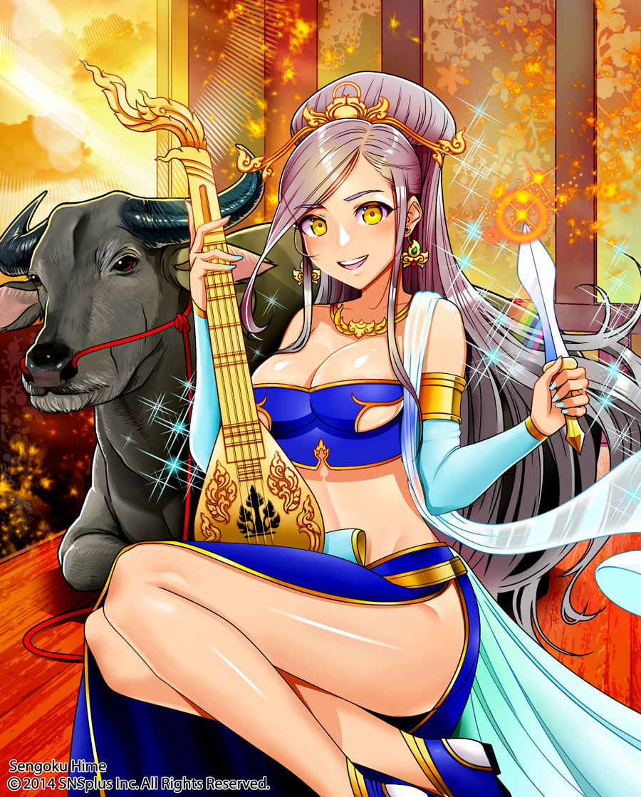 1girl alcoholrang armlet breasts bull cleavage detached_sleeves earrings eyebrows eyebrows_visible_through_hair grey_hair hair_ornament instrument jewelry legs long_hair looking_at_viewer midriff nail_polish necklace open_mouth original princess sengoku_hime side_slit sitting smile solo sparkle under_boob yellow_eyes