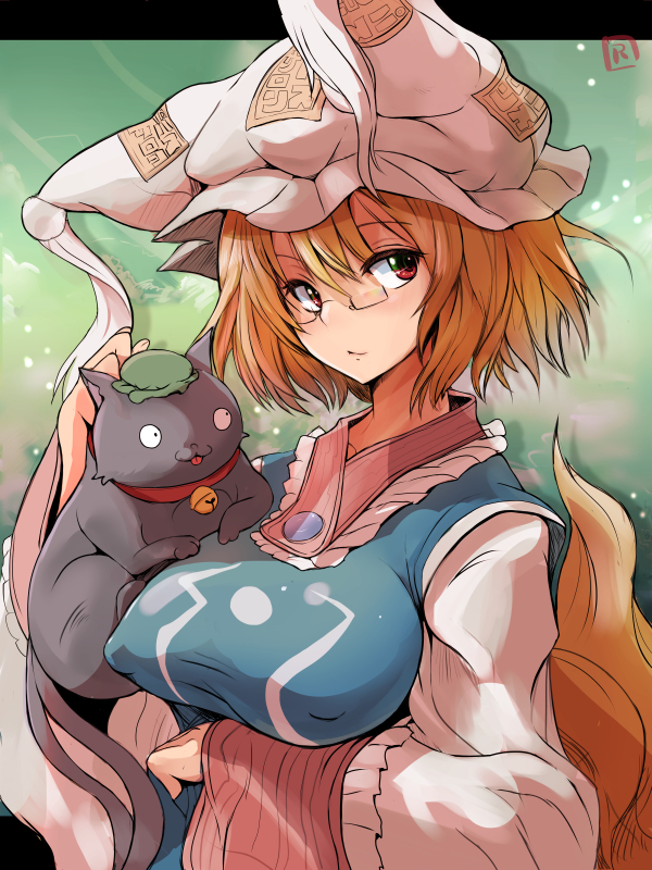 1girl bell bell_collar bespectacled breasts chen chen_(cat) collar covered_nipples fox_tail glasses hat jingle_bell long_sleeves md5_mismatch ofuda orange_hair pillow_hat red_eyes ryuno short_hair tabard tail touhou yakumo_ran