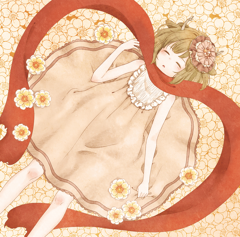 1girl album_cover antlers blush brown_hair closed_eyes cover deer_ears dress flower from_above hair_ornament kano_(singer) lying mizutamako on_back open_mouth original scarf short_hair sleeping sleeveless sleeveless_dress solo