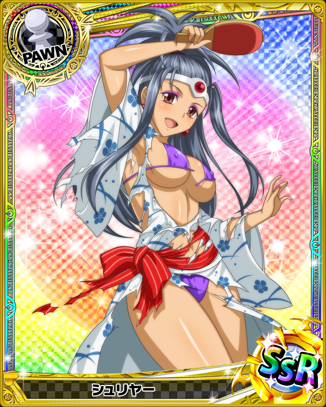 1girl artist_request brown_eyes card_(medium) character_name chess_piece circlet covered_nipples dark_skin earrings grey_hair high_school_dxd japanese_clothes jewelry long_hair official_art pawn purple_swimsuit shuriya_(high_school_dxd) solo swimsuit torn_clothes torn_swimsuit trading_card