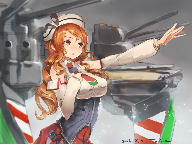 &gt;:o 1girl :o anchor armor brown_eyes brown_hair detached_sleeves hand_on_own_chest headdress kantai_collection littorio_(kantai_collection) long_hair machinery necktie open_mouth pleated_skirt raised_hand shirt skirt sleeveless sleeveless_shirt solo toka_(marchlizard) turret wavy_hair