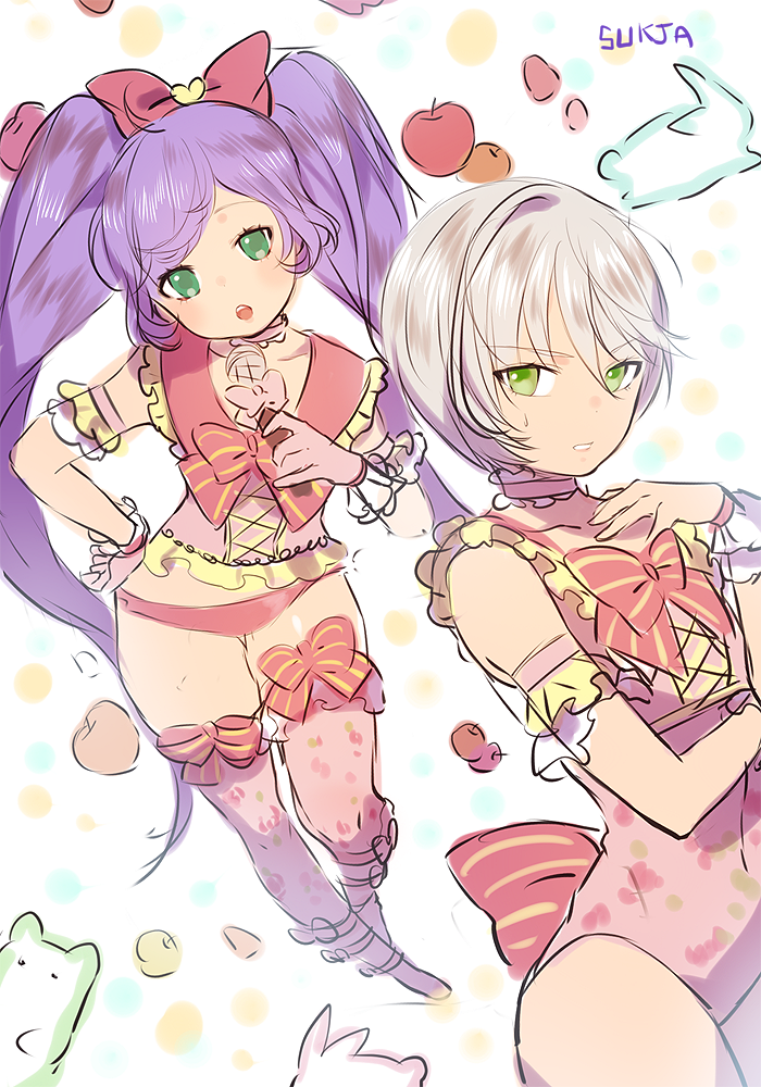 2girls :o apple armlet bikini bikini_bottom blush bodysuit bow bowtie choker clenched_teeth collarbone cross-laced_clothes food foreshortening fruit full_body gloves green_eyes hair_between_eyes hair_bow hand_on_hip hands_on_own_chest head_tilt holding_microphone leotard looking_at_viewer manaka_lala microphone multiple_girls open_mouth parted_lips pink_gloves pripara purple_hair red_bikini red_bow red_bowtie shikyouin_hibiki short_hair silver_hair sketch standing sukja sweatdrop swimsuit tareme teeth twintails upper_body wrist_cuffs