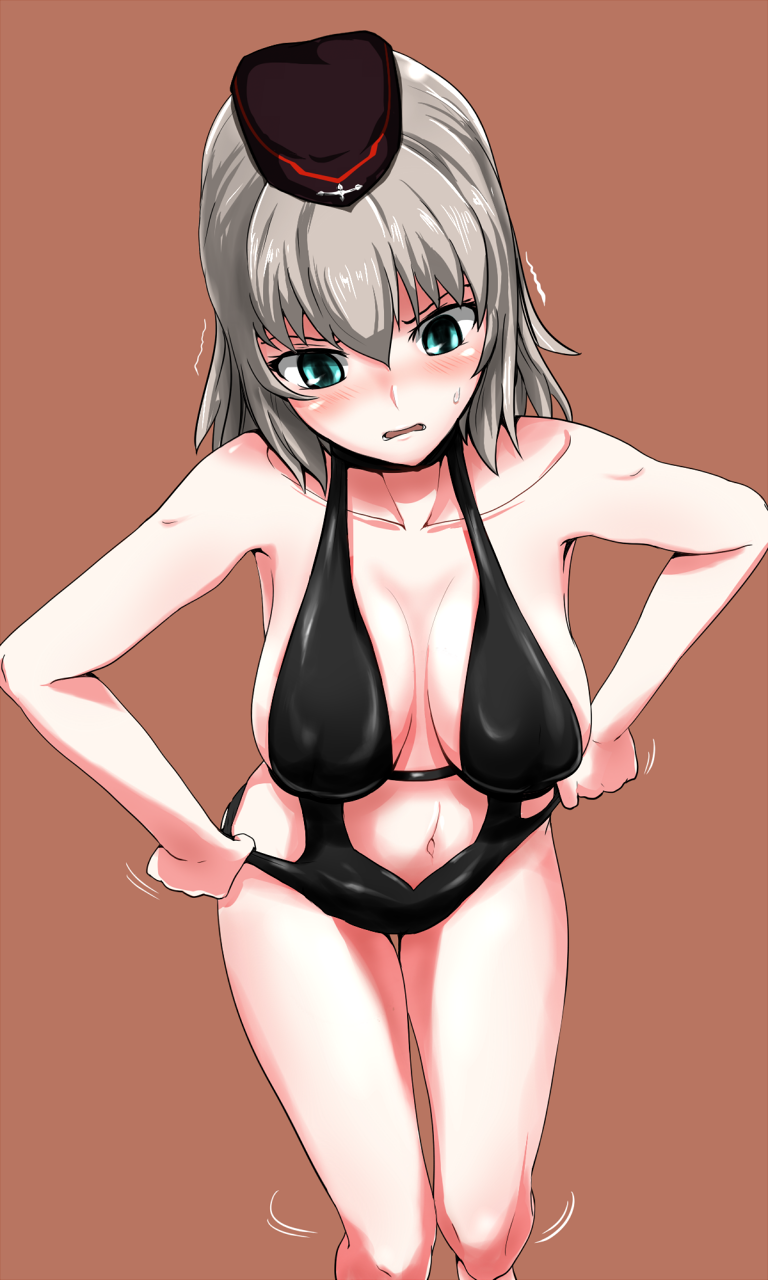 1girl adjusting_clothes adjusting_swimsuit armpits bare_arms bare_legs bare_shoulders black_hat black_swimsuit breasts cleavage collarbone cowboy_shot frown garrison_cap girls_und_panzer green_eyes hat highres itsumi_erika large_breasts looking_down motion_lines navel one-piece_swimsuit orange_background silver_hair simple_background solo standing stomach sweatdrop swimsuit thigh_gap trembling tsurime wavy_mouth yaruku