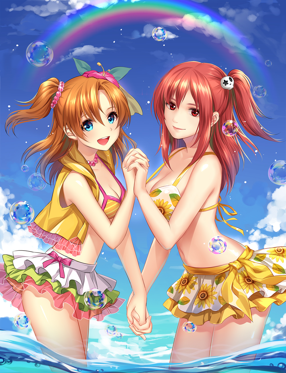 2girls :d althea_(sakiya0000) bangs beads bikini bikini_skirt blue_eyes breasts brown_hair bubble cowboy_shot crossover dead_or_alive floral_print flower from_side hair_beads hair_flower hair_ornament highres holding_hands honoka_(doa) interlocked_fingers jewelry kousaka_honoka long_hair looking_at_viewer love_live!_school_idol_project md5_mismatch multiple_girls namesake natsuiro_egao_de_1_2_jump! necklace open_mouth parted_bangs partially_submerged rainbow red_eyes redhead see-through side_ponytail sidelocks skirt skull_hair_ornament sky smile sparkle strap_gap sunflower_print swimsuit wading water