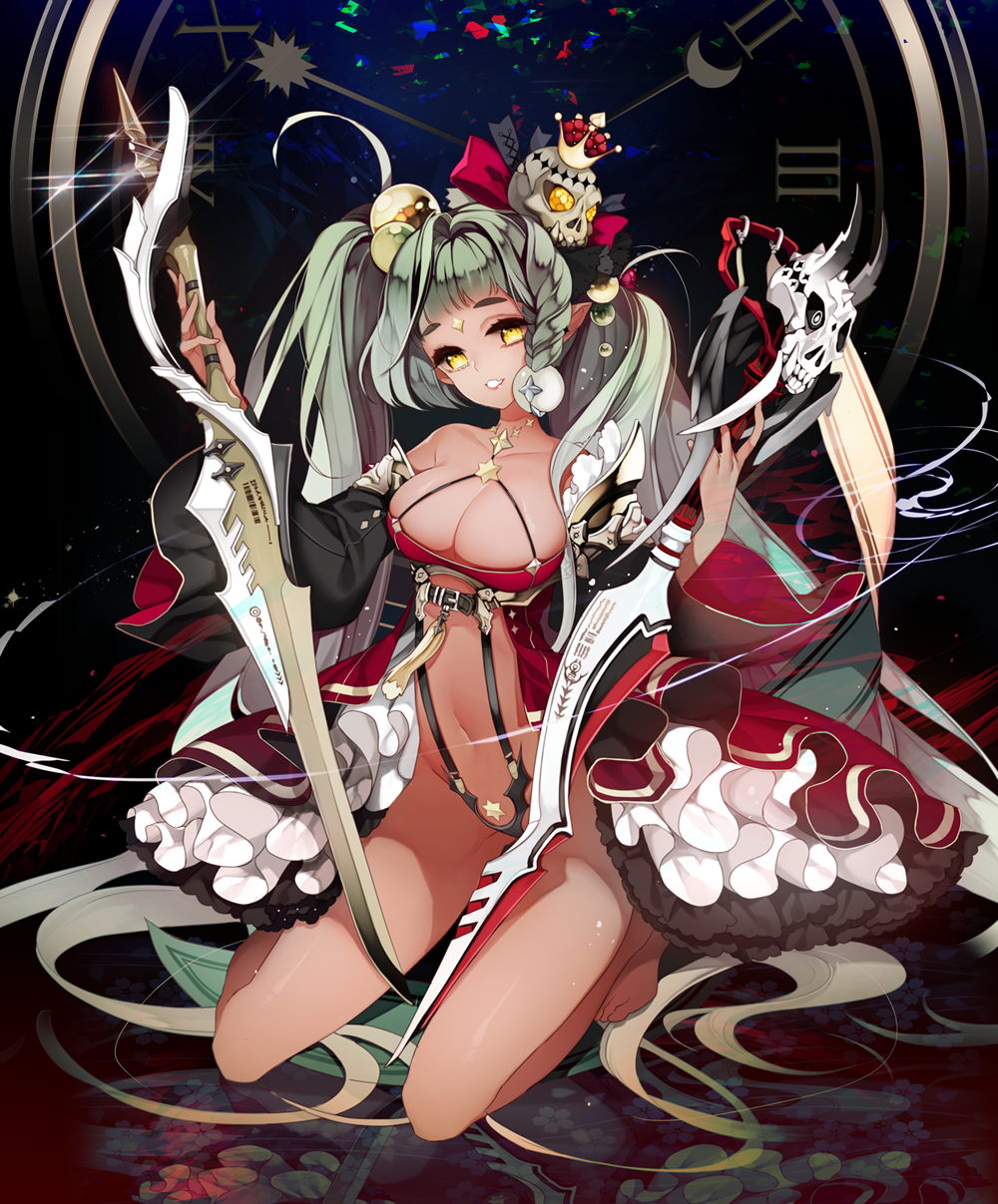 1girl ahoge analog_clock asymmetrical_hair bangs bare_shoulders barefoot black_ribbon bow braid breasts clock collarbone crescent crown dark_skin detached_sleeves dress dual_wielding fang frills full_body green_hair hair_bow hair_ornament head_tilt hexagram highres holding holding_sword holding_weapon jewelry kneeling large_breasts lens_flare long_hair navel necklace nishi_(ainshaie) original pointy_ears red_bow ribbon roman_numerals skull smile solo sphere star sword tassel twintails very_long_hair weapon yellow_eyes