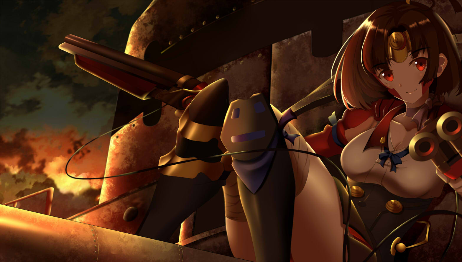 1girl aiming aiming_at_viewer bandaged_leg bangs boots breasts brown_hair choker cleavage closed_mouth clouds collarbone corset dual_wielding eyebrows eyebrows_visible_through_hair gun headband holding holding_gun holding_weapon koutetsujou_no_kabaneri leaning_back long_sleeves looking_at_viewer md5_mismatch mumei_(kabaneri) paperfinger red_eyes ribbon_choker short_hair sitting sky smile solo string train twilight weapon