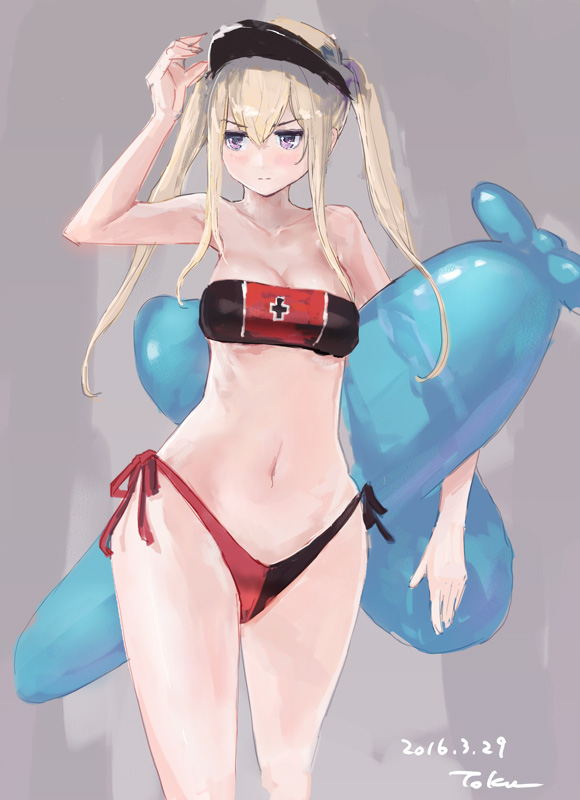 &gt;:| 1girl :| adapted_costume armpits bandeau bangs bikini black_bikini blush breasts cleavage closed_mouth collarbone cowboy_shot dated graf_zeppelin_(kantai_collection) grey_background groin hair_between_eyes hand_up hips holding inflatable_toy iron_cross kantai_collection large_breasts long_hair looking_to_the_side navel red_bikini ribs side-tie_bikini sidelocks signature silver_hair simple_background sketch solo standing strapless swimsuit thighs toka_(marchlizard) twintails violet_eyes visor_cap wide_hips