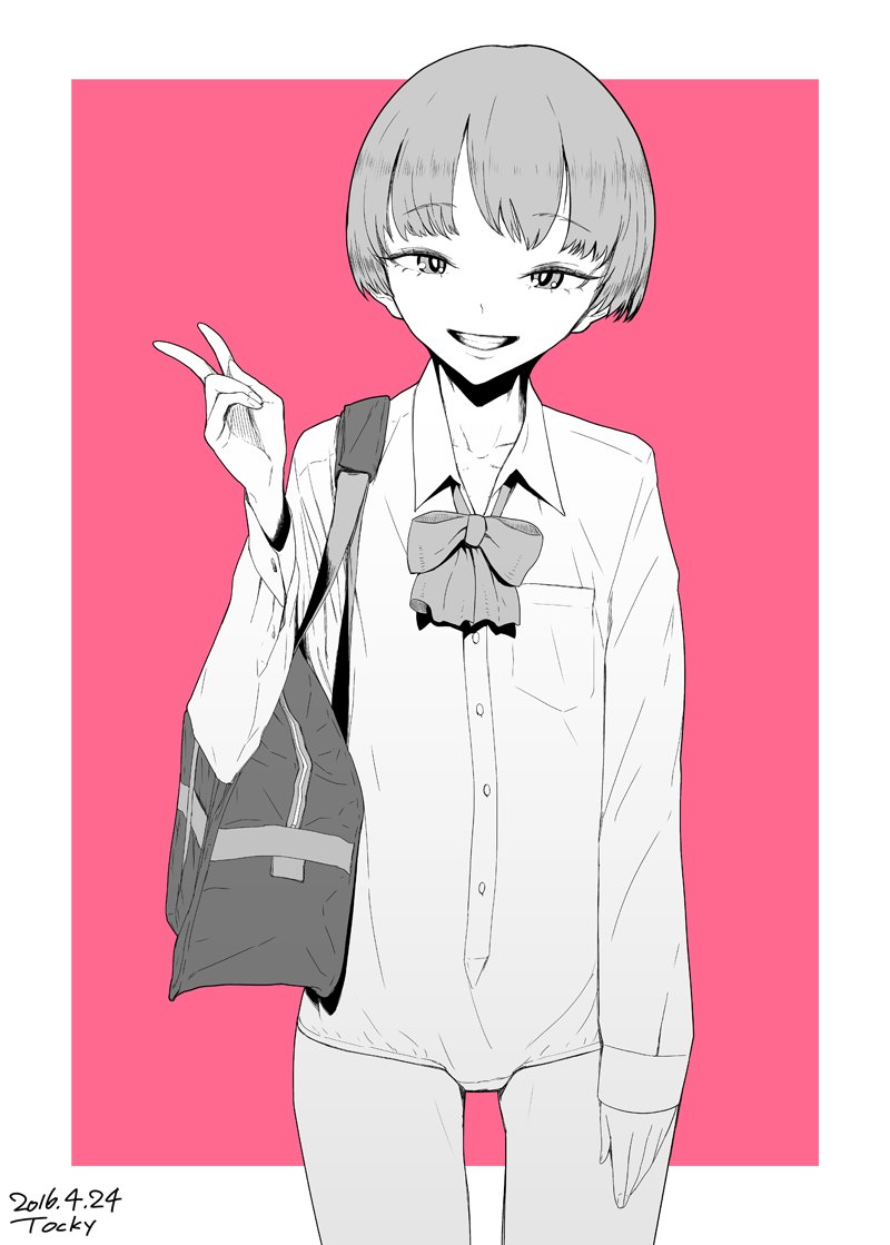 bag bangs bow bowl_cut commentary_request looking_at_viewer no_pants original school_bag shirt short_hair sleeves_past_wrists smile solo tocky translation_request v