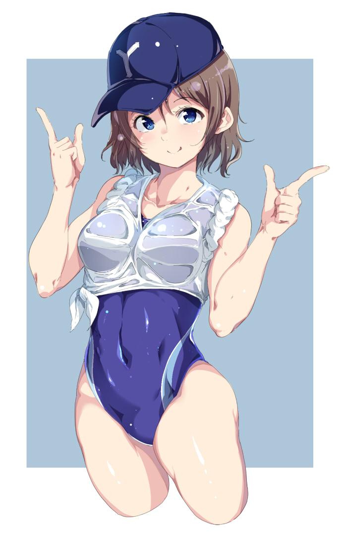 1girl alp blue_eyes blush breasts brown_hair competition_swimsuit hat looking_at_viewer love_live!_school_idol_project love_live!_sunshine!! one-piece_swimsuit shirt short_hair smile solo swimsuit swimsuit_under_clothes tied_shirt watanabe_you wet wet_clothes