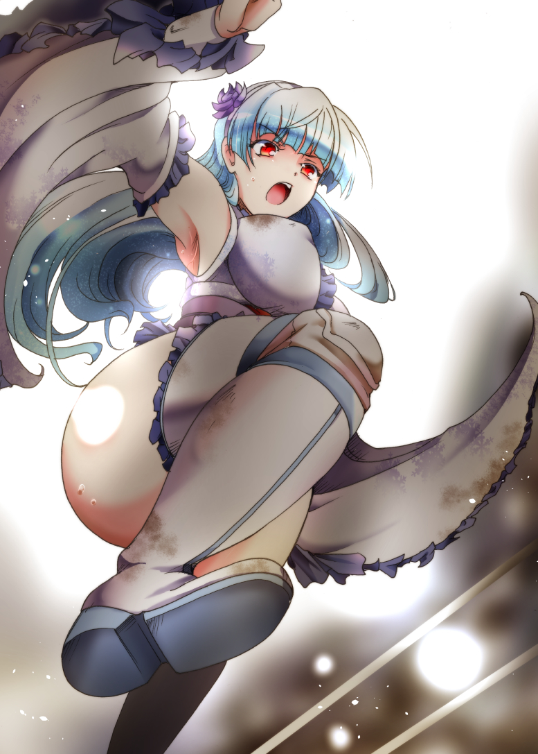 1girl blue_hair boots breasts detached_sleeves flower hair_flower hair_ornament hairband japanese_clothes kimono knee_pads leotard lights long_hair obi red_eyes ring_dream rose sash solo suga_leon thigh-highs thigh_boots wrestling_outfit wrestling_ring yuki_onna_(ring_dream)
