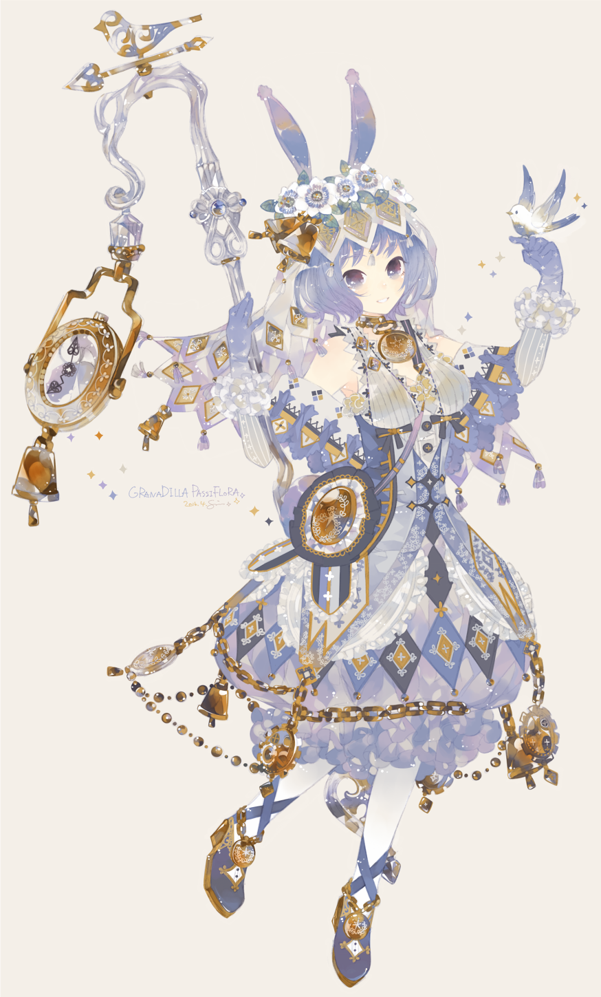 1girl :d animal animal_ears armpits bare_shoulders beak bell bird blue_gloves blue_hair breasts choker clock dress elbow_gloves flower full_body gloves hair_flower hair_ornament highres holding holding_weapon jewelry light_smile looking_at_viewer open_mouth original pendant rabbit_ears scrunchie simple_background smile solo standing sumisu_(rinsumi) teeth weather_vane white_flower wrist_scrunchie