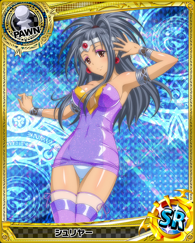 1girl armlet artist_request blue_background bracelet breasts brown_eyes card_(medium) character_name chess_piece circlet covered_nipples dark_skin earrings grey_hair high_school_dxd jewelry large_breasts long_hair official_art pawn shuriya_(high_school_dxd) solo thigh-highs trading_card
