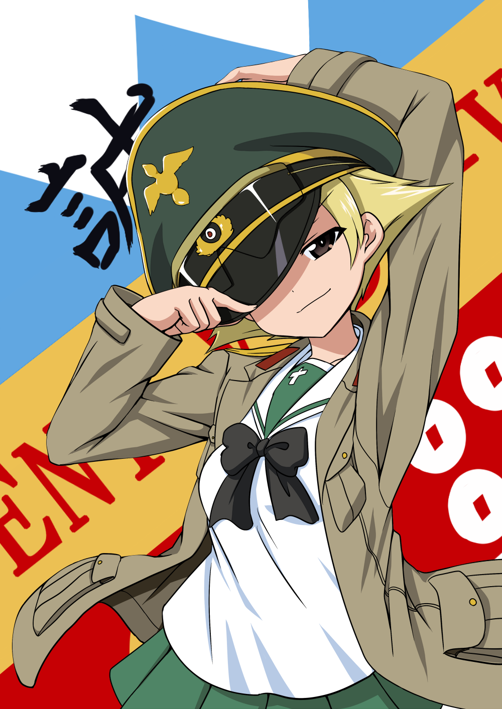1girl adjusting_clothes adjusting_hat blonde_hair bow brown_eyes brown_jacket commentary cowboy_shot erwin_(girls_und_panzer) girls_und_panzer goggles_on_hat green_skirt hat hat_over_one_eye highres jacket long_sleeves looking_at_viewer military military_uniform miniskirt nekota_susumu open_clothes open_jacket peaked_cap pleated_skirt pointy_hair school_uniform serafuku short_hair skirt smile smirk solo standing uniform white_blouse