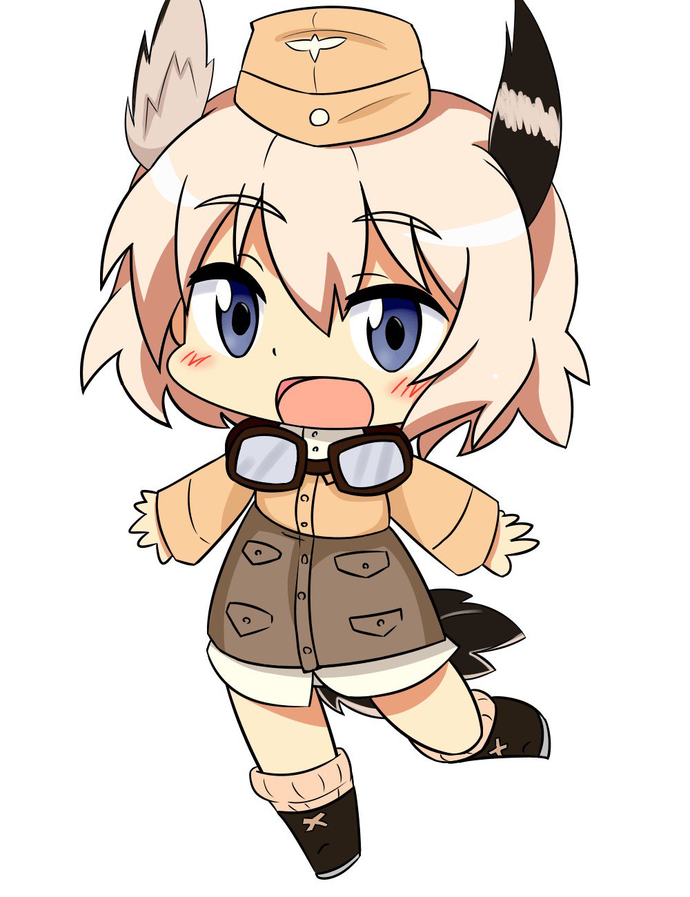 1girl blush_stickers chibi garrison_cap goggles goggles_around_neck hat head_wings highres hitonounti looking_at_viewer military military_uniform open_mouth outstretched_arms pink_hair raisa_pottgen simple_background smile solo standing_on_one_leg strike_witches tail uniform white_background