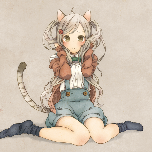 1girl ahoge animal_ears blush brown_eyes brown_hair closed_mouth flower frown full_body jacket long_hair mizutamako no_shoes open_clothes open_jacket original overalls ribbon simple_background sitting socks solo tail twintails wariza