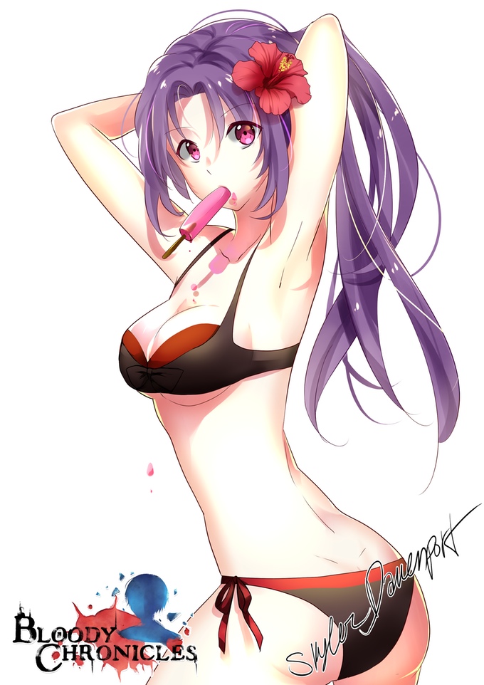 1girl armpits arms_up ass bare_shoulders bikini black_bikini bloody_chronicles breasts cleavage copyright_name dimples_of_venus flower from_behind hair_flower hair_ornament hibiscus logo long_hair looking_at_viewer looking_back mouth_hold official_art pink_eyes ponytail popsicle seiyuu simple_background solo suzumi_misao swimsuit under_boob white_background