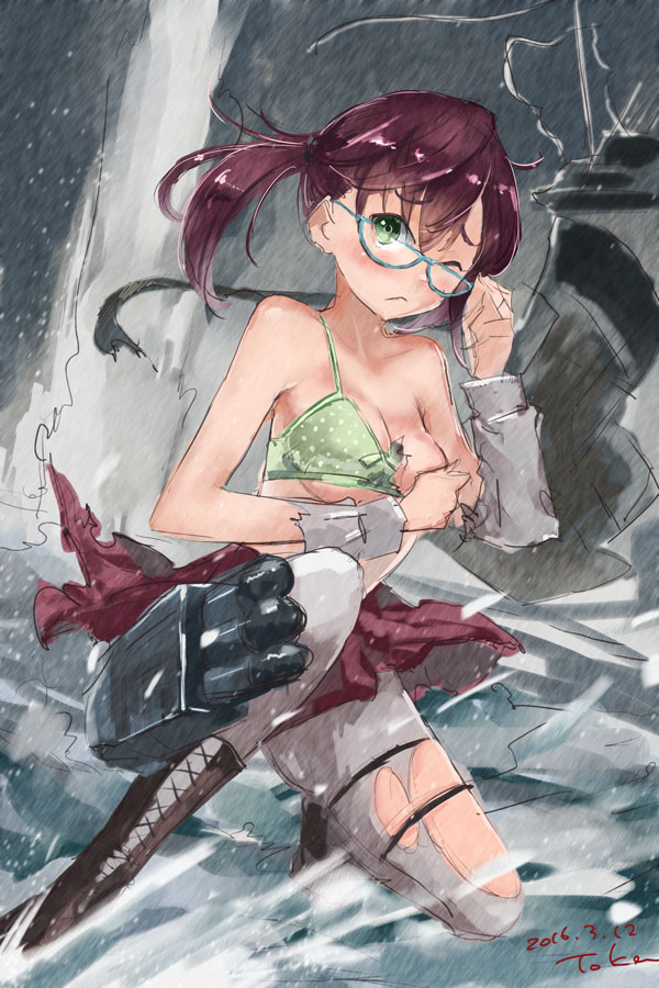 1girl adjusting_glasses blue-framed_glasses boots bra brown_hair explosion glasses green_bra kantai_collection kneeling machinery ocean okinami_(kantai_collection) one_eye_closed pantyhose short_hair solo toka_(marchlizard) torn_clothes torn_pantyhose underwear waves white_legwear