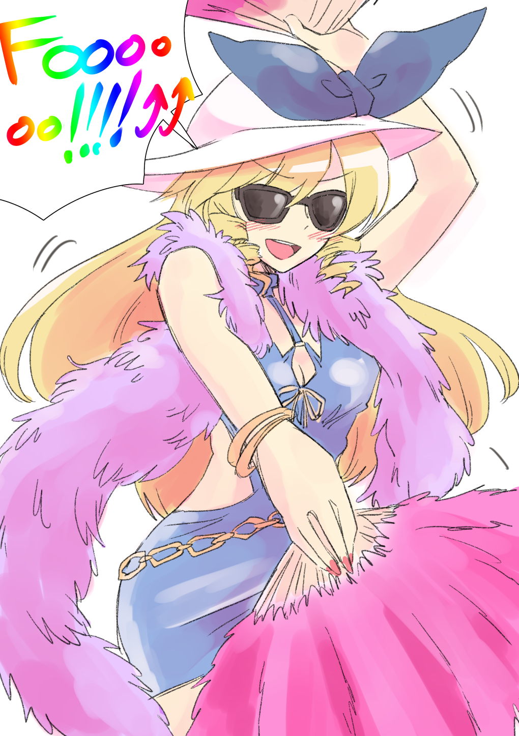 1girl alternate_costume blonde_hair blush_stickers bow bracelet breasts cleavage contemporary cowboy_shot dancing dress fan feather_boa folding_fan hat hat_bow highres jewelry long_hair mana_(gooney) nail_polish open-back_dress open_mouth sketch sleeveless solo sunglasses touhou watatsuki_no_toyohime white_background