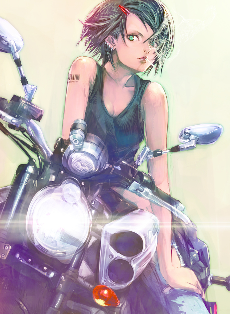 1girl barcode_tattoo bare_arms bare_shoulders black_hair boyaking chemise collarbone earrings green_eyes hair_ornament hairclip jewelry looking_at_viewer md5_mismatch motor_vehicle motorcycle original pants solo tattoo vehicle