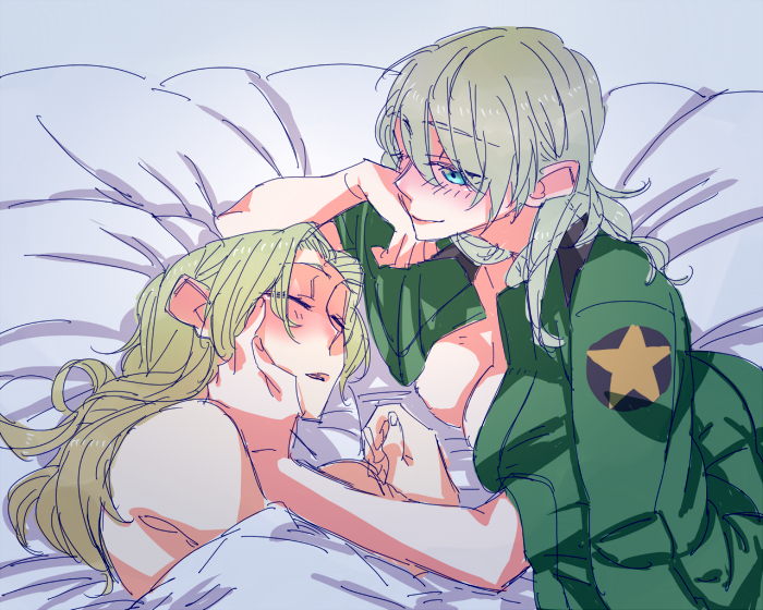 2girls bare_shoulders bed bed_sheet blanket blue_eyes breasts chin_rest cleavage darjeeling girls_und_panzer green_jacket grey_background hand_on_another's_cheek hand_on_another's_face hand_on_own_chin jacket kay_(girls_und_panzer) lips long_sleeves multiple_girls naked_coat no_bra nude on_bed open_clothes open_jacket open_mouth shaded_face simple_background sleeping smile star under_covers yama_(yama005) yuri