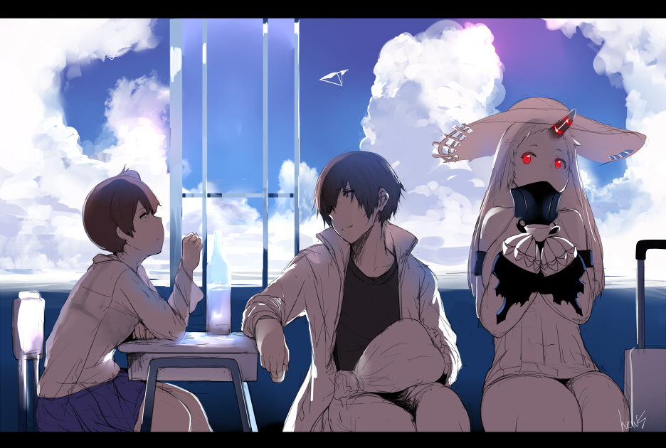 1boy 2girls bouquet brown_eyes brown_hair claws clouds commentary dress flower hat hews_hack horn kaga_(kantai_collection) kantai_collection luggage multiple_girls red_eyes ribbed_dress school_uniform seaport_hime shinkaisei-kan side_ponytail sitting sketch sky white_skin