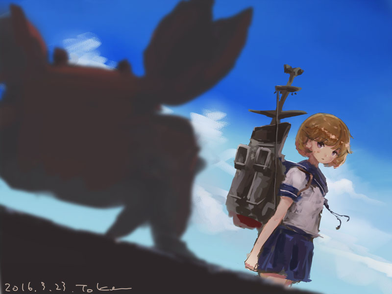 1girl artist_name bandaid bandaid_on_face blue_skirt blue_sky brown_hair clouds crab dated kantai_collection looking_to_the_side machinery oboro_(kantai_collection) school_uniform serafuku short_hair short_sleeves skirt sky smokestack solo toka_(marchlizard)