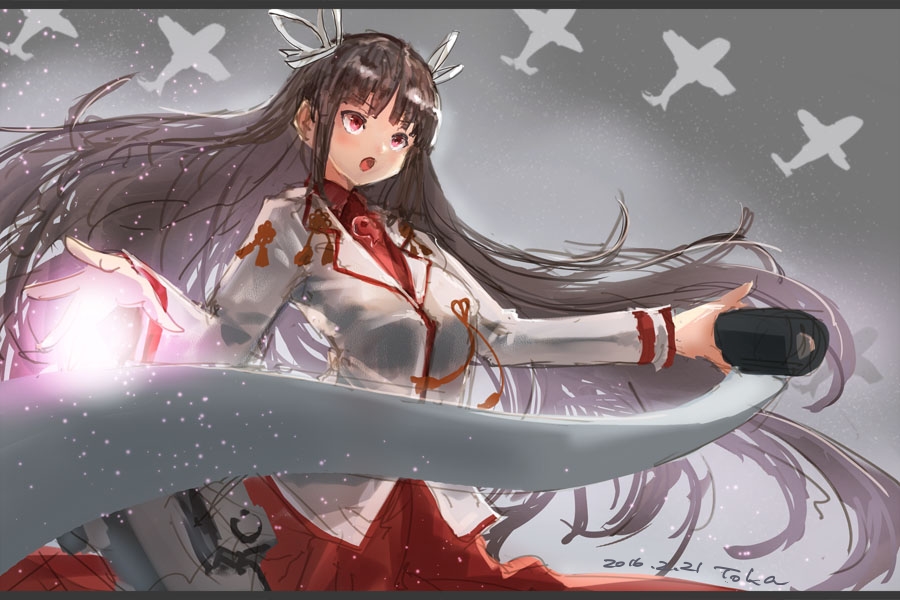 1girl :o artist_name black_hair blouse breasts dated dress_shirt energy_ball hair_ribbon hakama hime_cut hiyou_(kantai_collection) japanese_clothes kantai_collection long_hair magatama open_mouth red_eyes ribbon scroll shikigami shirt solo sparkle toka_(marchlizard)