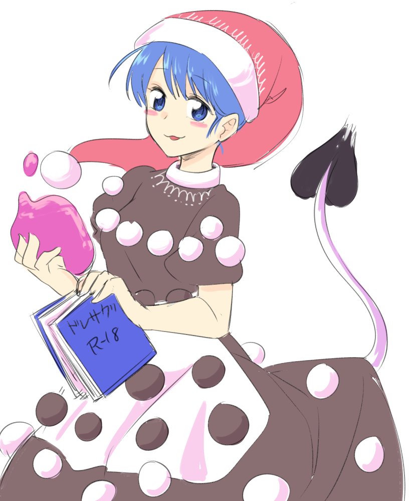 1girl :p blob blue_eyes blue_hair blush_stickers book cowboy_shot doremy_sweet dress hat looking_at_viewer mana_(gooney) nightcap pom_pom_(clothes) sketch solo tail tongue tongue_out touhou white_background