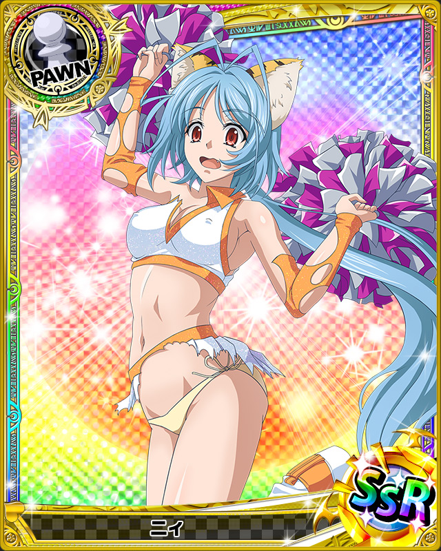 1girl animal_ears antenna_hair artist_request blue_hair breasts card_(medium) cat_ears character_name cheerleader chess_piece cleavage covered_nipples crop_top fang high_school_dxd long_hair midriff navel ni_(high_school_dxd) official_art panties pawn pom_poms short_hair side-tie_panties skirt solo torn_clothes trading_card underwear very_long_hair
