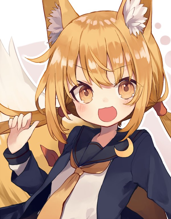 1girl animal_ears blonde_hair crescent crescent_moon_pin fox_ears fox_tail haruka_(reborn) kantai_collection long_hair long_sleeves looking_at_viewer neckerchief necktie open_mouth remodel_(kantai_collection) satsuki_(kantai_collection) school_uniform serafuku sidelocks solo tail twintails upper_body yellow_eyes yellow_necktie