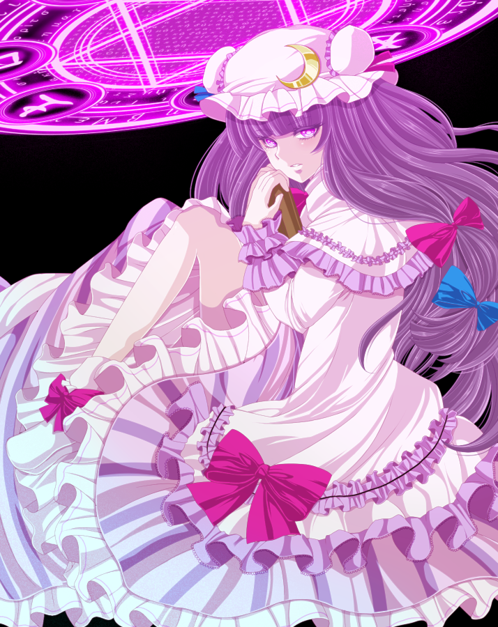 1girl bangs blue_bow blunt_bangs book bow capelet commentary_request crescent dress frilled_dress frilled_sleeves frills full_body hair_bow hat hexagram long_hair long_sleeves looking_at_viewer magic_circle mob_cap patchouli_knowledge purple_dress purple_hair red_bow smile socks solo touhou very_long_hair violet_eyes white_legwear yuha_(yh-krm)