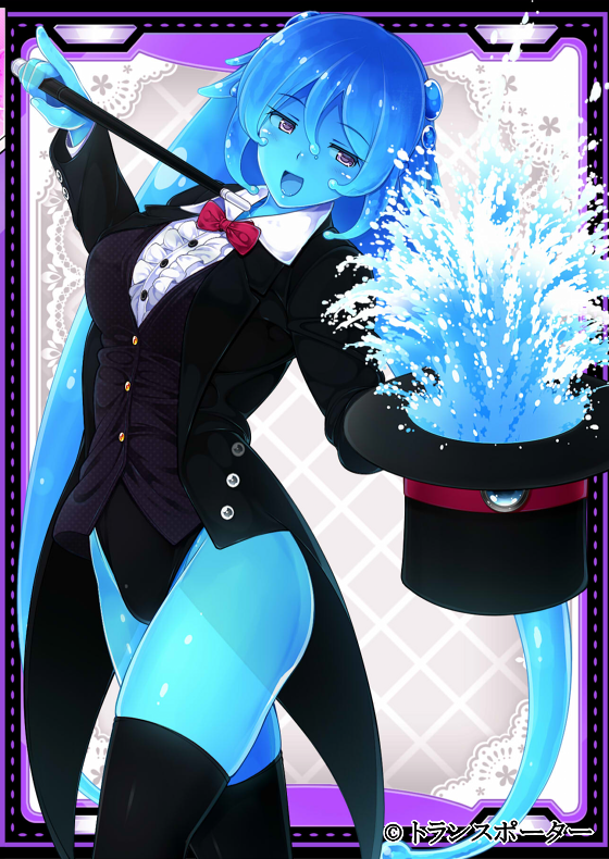 1girl black_legwear blue_hair blue_skin bow bowtie coattails daibouken!_yukeyuke_osawari_island formal goo_girl hat hat_removed headwear_removed komimiyako long_twintails magician monster_girl official_art open_mouth solo standing thigh-highs thighs top_hat tuxedo twintails violet_eyes wand water watermark