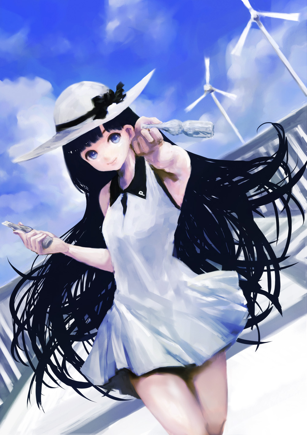 1girl black_hair blue_eyes blue_sky clouds dress hat highres long_hair looking_at_viewer original sky smile solo sun_hat toka_(marchlizard) white_dress wind_turbine windmill