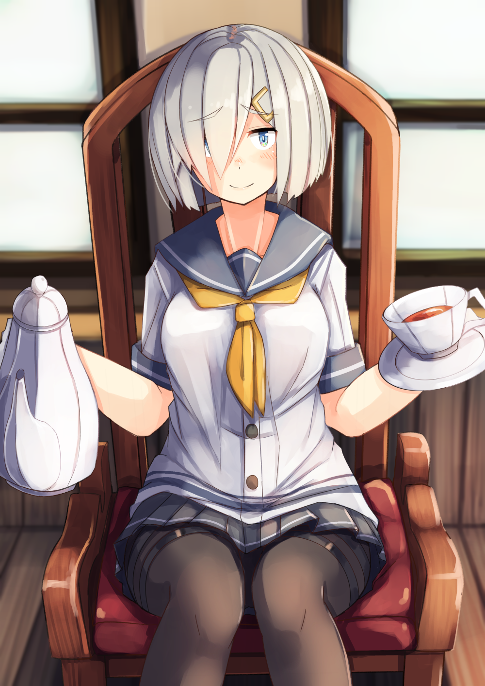 1girl black_legwear black_skirt blue_eyes buttons chair closed_mouth collarbone cup drink eyebrows eyebrows_visible_through_hair hair_ornament hair_over_one_eye hairclip hamakaze_(kantai_collection) highres holding holding_cup indoors kantai_collection knees_touching liquid looking_at_viewer neckerchief pantyhose plan_(planhaplalan) pleated_skirt sailor_collar saucer school_uniform serafuku shirt short_hair short_sleeves silver_hair sitting skirt sleeve_cuffs smile solo teacup teapot thigh_strap white_shirt window