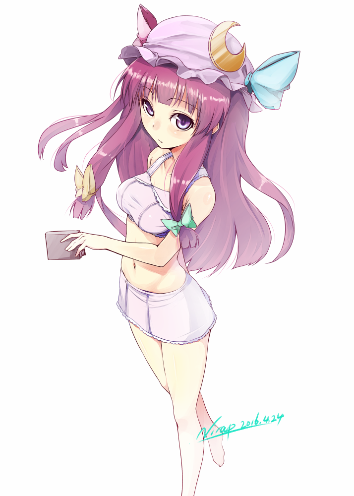 1girl artist_name bangs barefoot blunt_bangs book bow crescent crescent_hair_ornament dated green_bow hair_bow hair_ornament hat long_hair looking_at_viewer mob_cap navel nirap patchouli_knowledge pencil_skirt purple_hair sidelocks simple_background skirt solo swimsuit touhou violet_eyes white_background yellow_bow