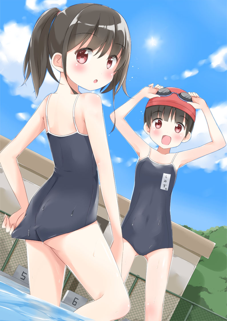 2girls :d :o adjusting_clothes adjusting_swimsuit armpits arms_up ass black_hair blush brown_hair chain-link_fence clouds competition_school_swimsuit fence goggles hat itachi_maki long_hair looking_back multiple_girls one-piece_swimsuit open_mouth original outdoors ponytail pool red_eyes school_swimsuit short_hair sky smile swim_cap swimsuit wading water