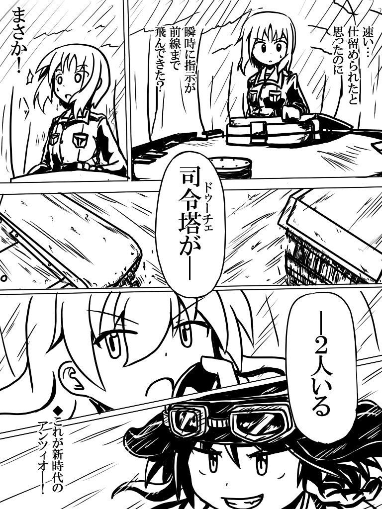 bangs braid carpaccio commentary_request forest girls_und_panzer goggles goggles_on_head greyscale grin hair_between_eyes microphone military military_vehicle monochrome nature nishizumi_miho pepperoni_(girls_und_panzer) school_uniform short_hair smile surprised tank tank_truck tank_turret to-siro translation_request vehicle