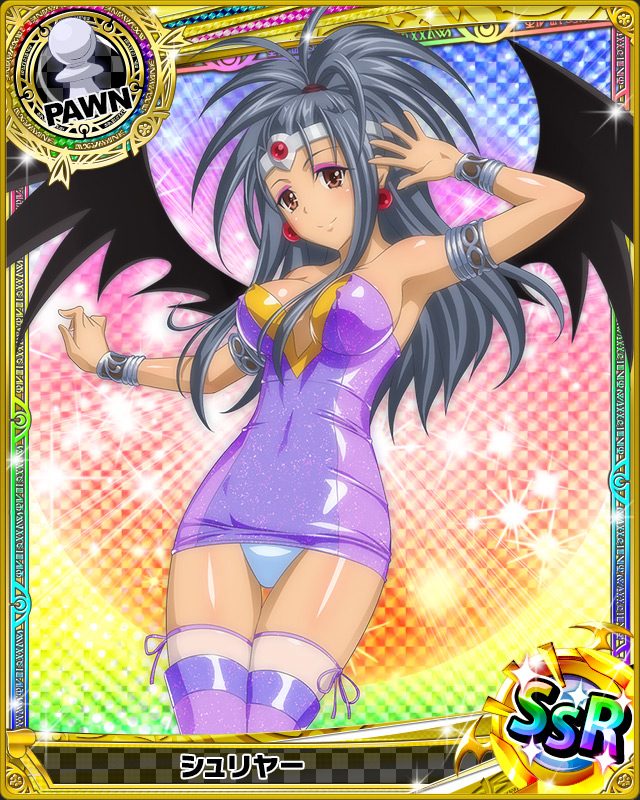 1girl armlet artist_request bat_wings bracelet breasts brown_eyes card_(medium) character_name chess_piece circlet covered_nipples dark_skin earrings grey_hair high_school_dxd jewelry large_breasts long_hair official_art pawn shuriya_(high_school_dxd) solo thigh-highs trading_card wings