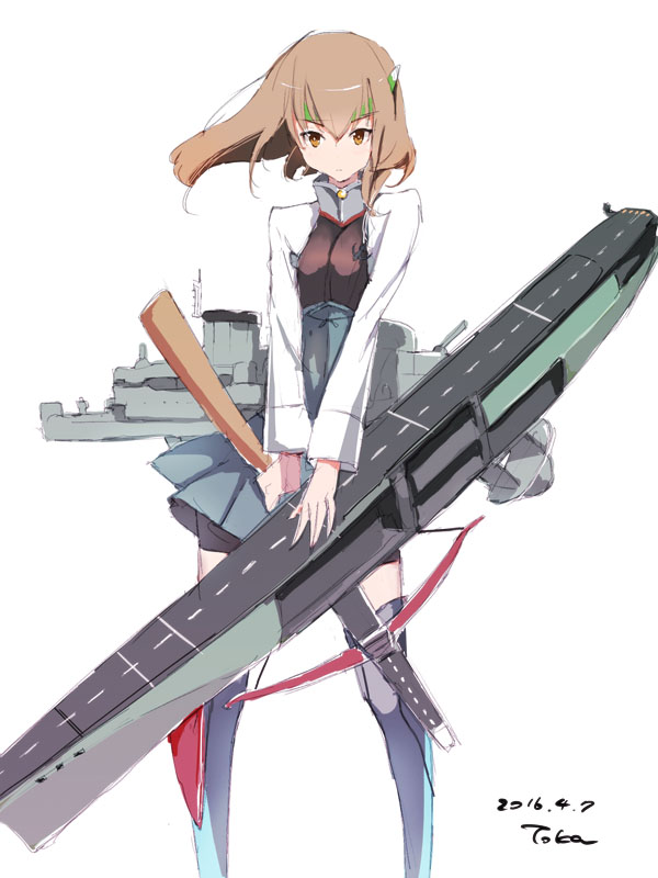 1girl bike_shorts bow_(weapon) brown_eyes brown_hair crossbow flight_deck headband headgear kantai_collection looking_at_viewer machinery pleated_skirt skirt solo standing taihou_(kantai_collection) toka_(marchlizard) weapon white_background