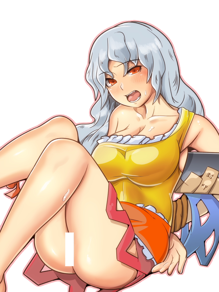 1girl bangs bar_censor bare_legs bare_shoulders bdsm blush bondage bound bound_arms breasts censored cleavage collarbone dress eyebrows eyebrows_visible_through_hair facing_away fangs frilled_dress frills grey_hair hair_between_eyes hatchet head_tilt highres large_breasts legs legs_up long_hair looking_at_viewer multicolored multicolored_clothes multicolored_dress nose_hatchet open_mouth oriental_hatchet outline pink_outline red_eyes rope sakata_nemuno simple_background single_strap sitting slit_pupils solo sweat taut_clothes taut_dress teeth tied_up tongue touhou white_background zairisha123