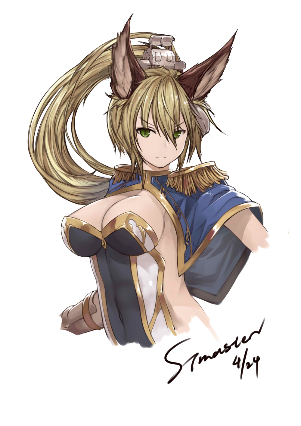 &gt;:) 1girl animal_ears artist_name bad_id blonde_hair blue_cape breasts brown_gloves cape character_request cleavage closed_mouth covered_navel dated elbow_gloves epaulettes eyebrows eyebrows_visible_through_hair fox_ears gloves granblue_fantasy green_eyes headgear highres large_breasts long_hair looking_at_viewer ponytail portrait side_cutout simple_background smirk solo stmaster strapless tubetop upper_body white_background zhan_jian_shao_nyu
